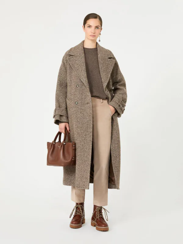 TEMA Long Wool Blend Tweed Coat Brown